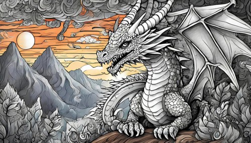 A white dragon is sitting on a rock in front of a mountain range. The sky is orange and the sun is