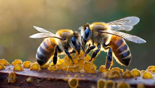 Two bees are eating honey from a hive. The bees are close to each other and are both focused on the