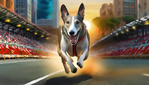 A dog is running on a track with a crowd of people watching. The dog is wearing a red harness and