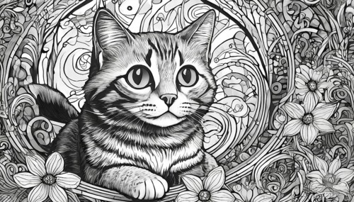 A cat is sitting on a flower bed. The cat is looking at the camera. The flowers are in the