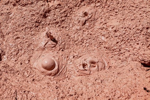 Bubbling mud with volcanic activity, the mud volcanoes and fumaroles on the Altiplano in Bolivia