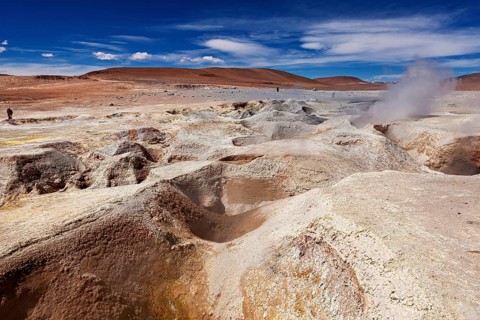 Barren desert landscape with geysers, rocks and vast skies conveys solitude, The mud volcanoes and