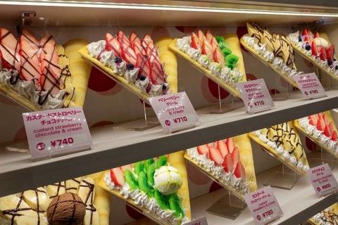 Plastic display specimens in the window of a shop for Japanese crepes in Takeshita-dori, Takeshita
