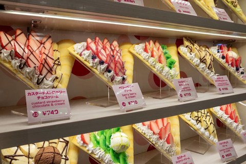 Plastic display specimens in the window of a shop for Japanese crepes in Takeshita-dori, Takeshita