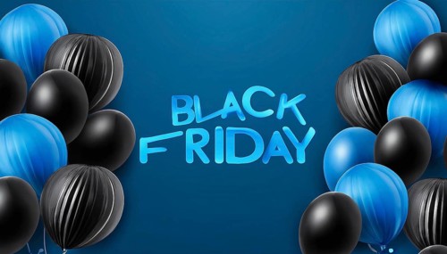 Black Friday promotional design featuring blue and black balloons on a dark blue background. Ideal