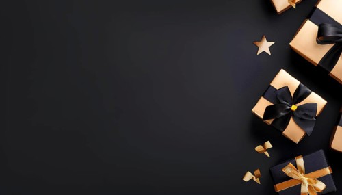 Luxurious black and gold wrapped gifts with ribbons on a dark background, symbolizing Black Friday