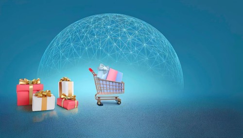 Shopping cart filled with gift boxes on a blue digital background with a network design,