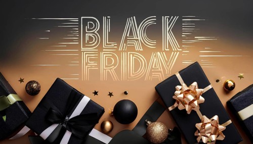 Black and gold gift boxes with bows and festive ornaments on a gradient background with Black