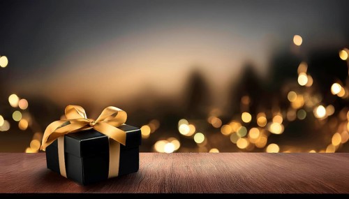 Elegant black gift box with golden ribbon on wooden surface and bokeh lights, AI generated