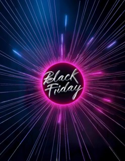 Black Friday text in neon style surrounded by pink and blue light rays on a dark background.