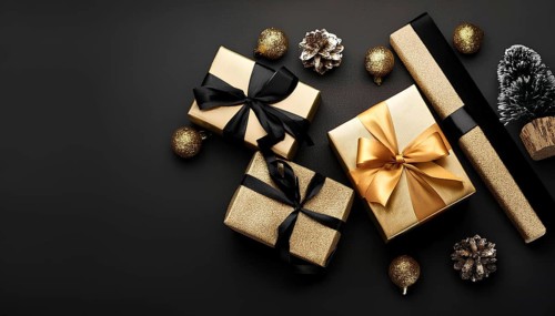 Top view of elegant golden gift boxes with black and gold ribbons, decorated with Christmas