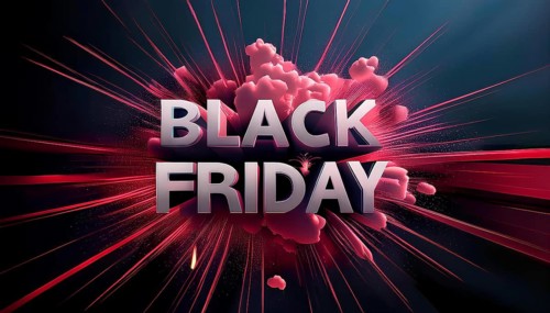 Bold 3D Black Friday text with an explosive background of red clouds and light rays. Ideal for