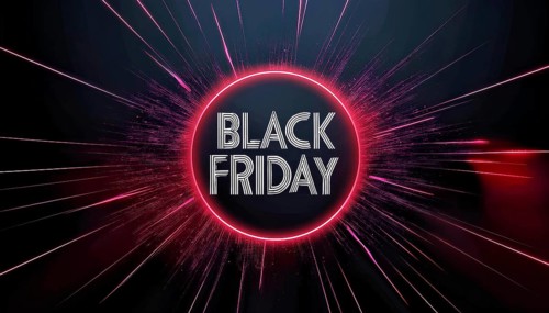 A vibrant Black Friday promotional design with neon lights and glowing lines radiating from a