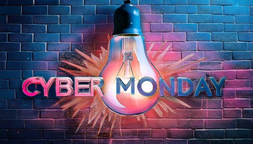 A vibrant Cyber Monday banner featuring a glowing light bulb and bold typography set against a