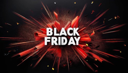 Black Friday sale banner featuring bold white text with an explosive red ribbon design and