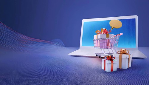A 3D render of a shopping cart with wrapped gifts displayed on a laptop screen, symbolizing online
