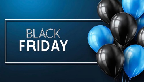 A sleek Black Friday promotional banner featuring black and blue balloons on a dark blue background