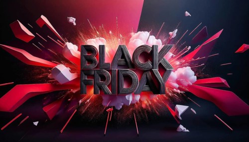 A bold Black Friday text explodes with red and white elements in a dynamic design. This striking