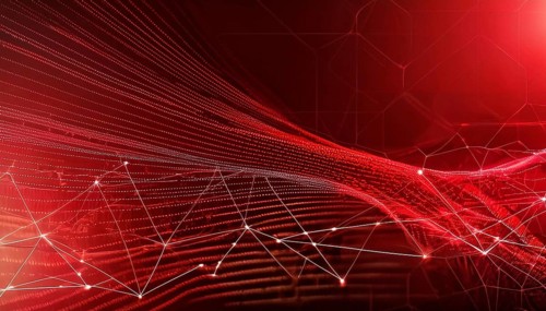 Dynamic abstract red digital wave with connecting network lines and dots on a dark background,