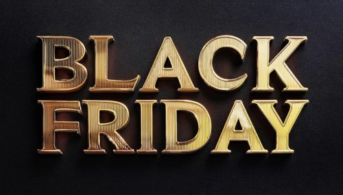 Elegant gold Black Friday text on a dark textured background, ideal for promoting luxury sales