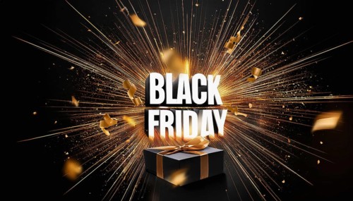 Black Friday sale explosion with bold white text, golden confetti, and a black gift box tied with a