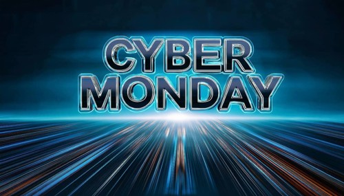 A bold Cyber Monday text glows with neon lighting, set against fast-moving blue light streaks. This