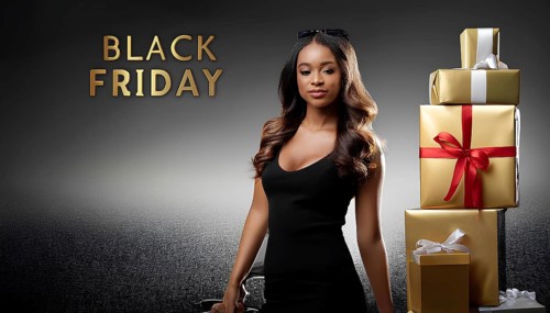 Confident woman in black standing next to a stack of golden gift boxes with red and white ribbons,