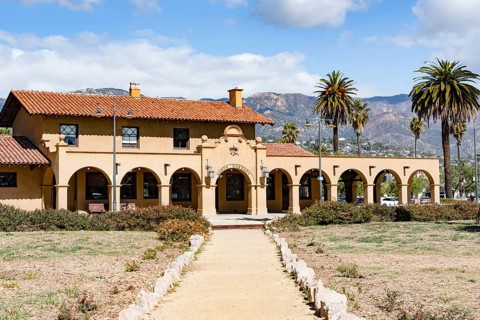 The historic Santa Barbara train station, featuring Spanish Colonial Revival architecture with a