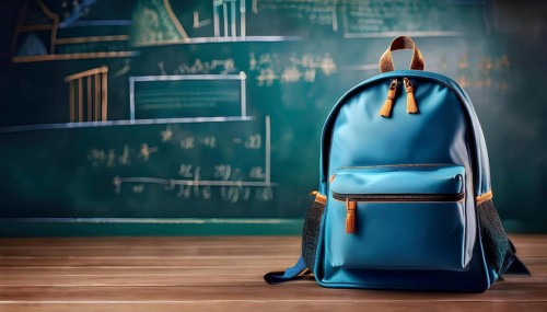A blue backpack resting on a wooden desk with a chalkboard displaying math equations in the