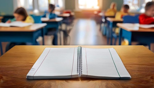 Open spiral notebook placed on a wooden desk in a classroom with students studying in the