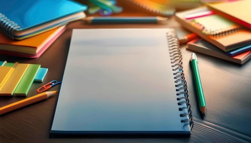 An open spiral notebook placed on a desk surrounded by colorful school supplies, including pencils,