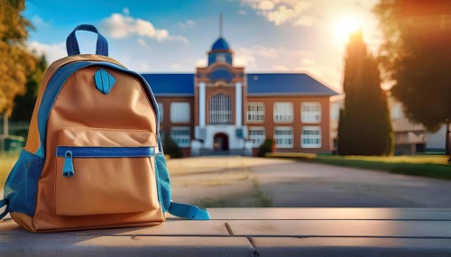 A brightly colored school backpack sits on a bench in the foreground, with a school building in the