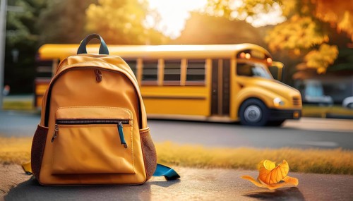 A brightly colored school backpack is placed on the pavement, with a school bus in the background
