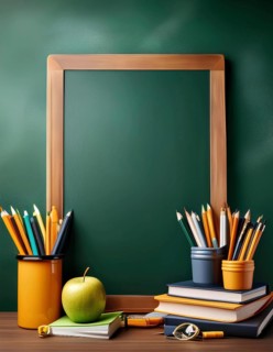 A back to school scene featuring a green blackboard surrounded by school supplies including