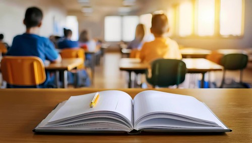 An open notebook with a pencil lies on a desk in the foreground, while students sit at their desks