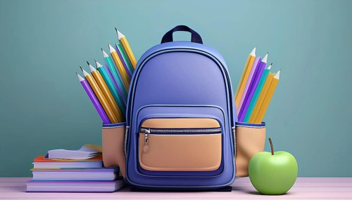 A blue backpack with a green apple and a bunch of pencils on top of it. The backpack is on a table