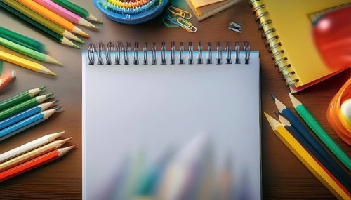 A spiral notebook is surrounded by an assortment of colorful pencils, notebooks, and stationery