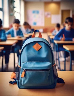 A blue backpack with orange accents sits on a desk in a classroom, with students focused on their