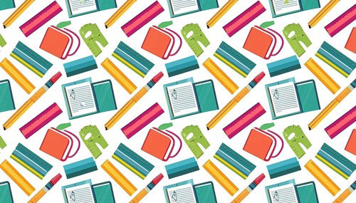 A colorful pattern of school supplies including pencils, pens, rulers, and books. Concept of