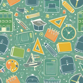 A colorful pattern of school supplies including a backpack, a book, a ruler, a pencil, and a clock.
