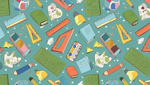 A colorful pattern of school supplies including pencils, pens, rulers, and books. Concept of