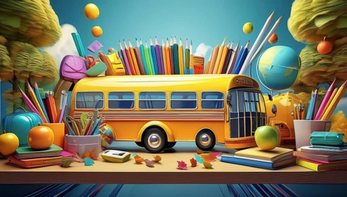 A vibrant yellow school bus surrounded by oversized school supplies, books, globes, and autumn