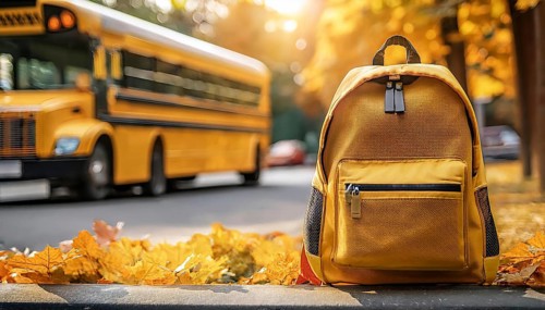 A yellow backpack sits on a sidewalk covered with autumn leaves, with a yellow school bus blurred