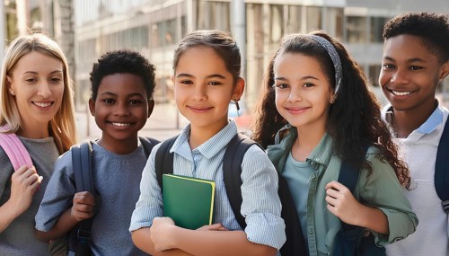 A group of diverse school children smiles outdoors. The children, holding backpacks, are ready for