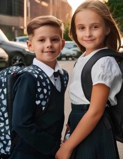Two smiling schoolchildren, a boy and a girl, wearing school uniforms and backpacks, standing