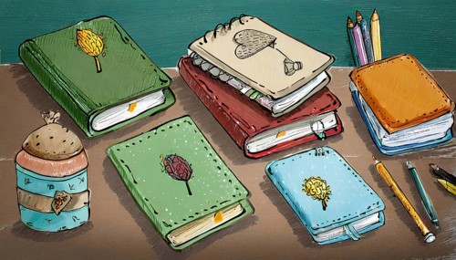 A stack of books with a green book on top and a red book on the bottom. The books are decorated