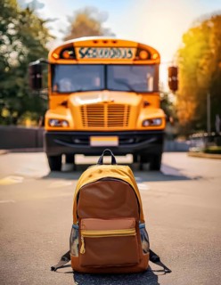 A brown backpack placed on the road with a yellow school bus approaching in the background. The