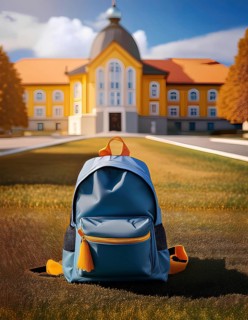 A blue and yellow backpack placed on the lawn of a school campus with a large, historic building in