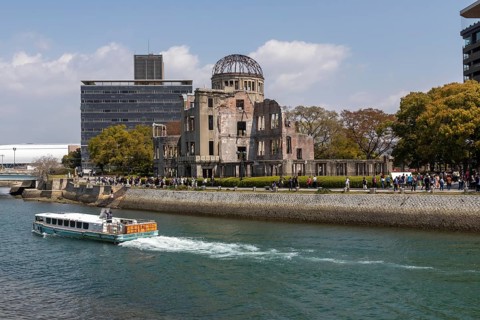 Excursion boat and atomic bomb dome, Atomic Bomb Dome, ruins of the former Chamber of Commerce and