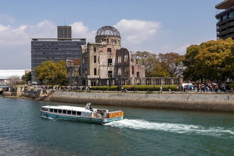 Excursion boat and atomic bomb dome, Atomic Bomb Dome, ruins of the former Chamber of Commerce and